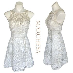 Marchesa Notte Feathery Metallic Gold Embroidered Dress